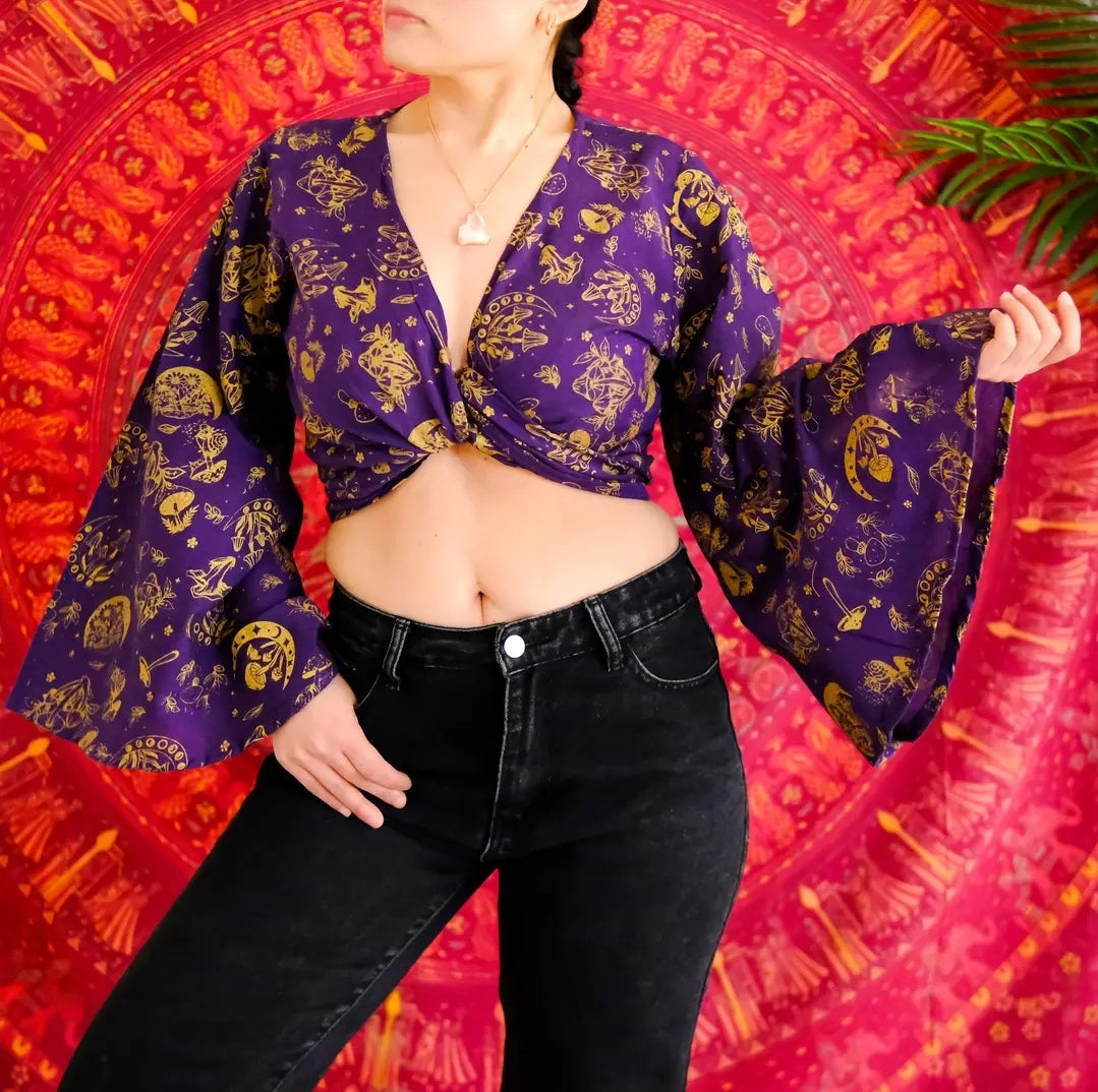 Cotton wrap top with mushroom print