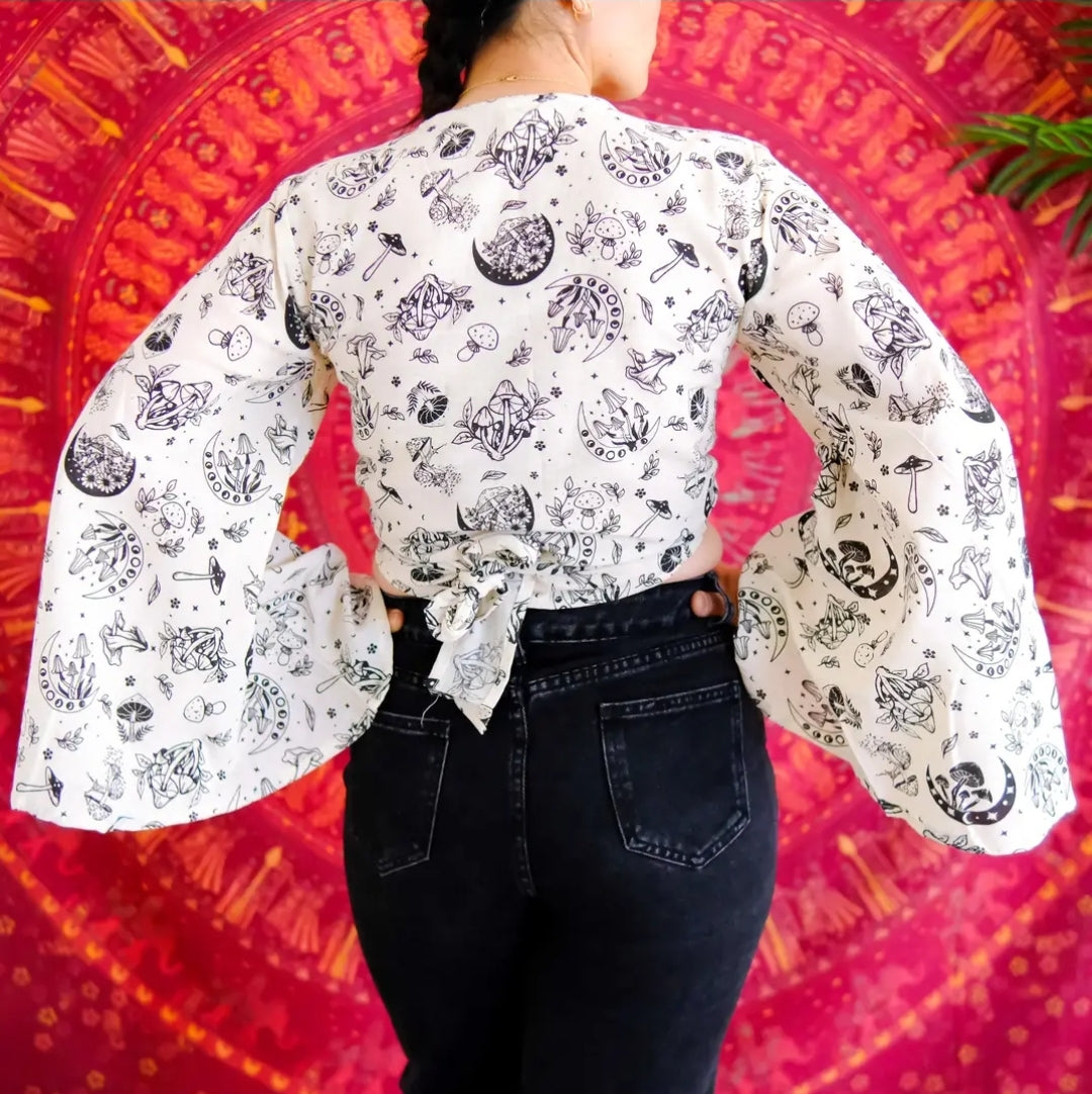 Cotton wrap top with mushroom print