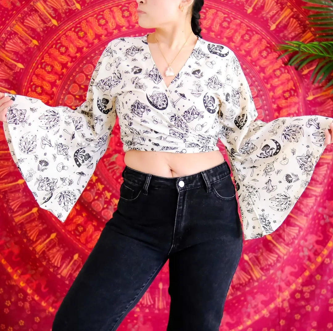 Cotton wrap top with mushroom print